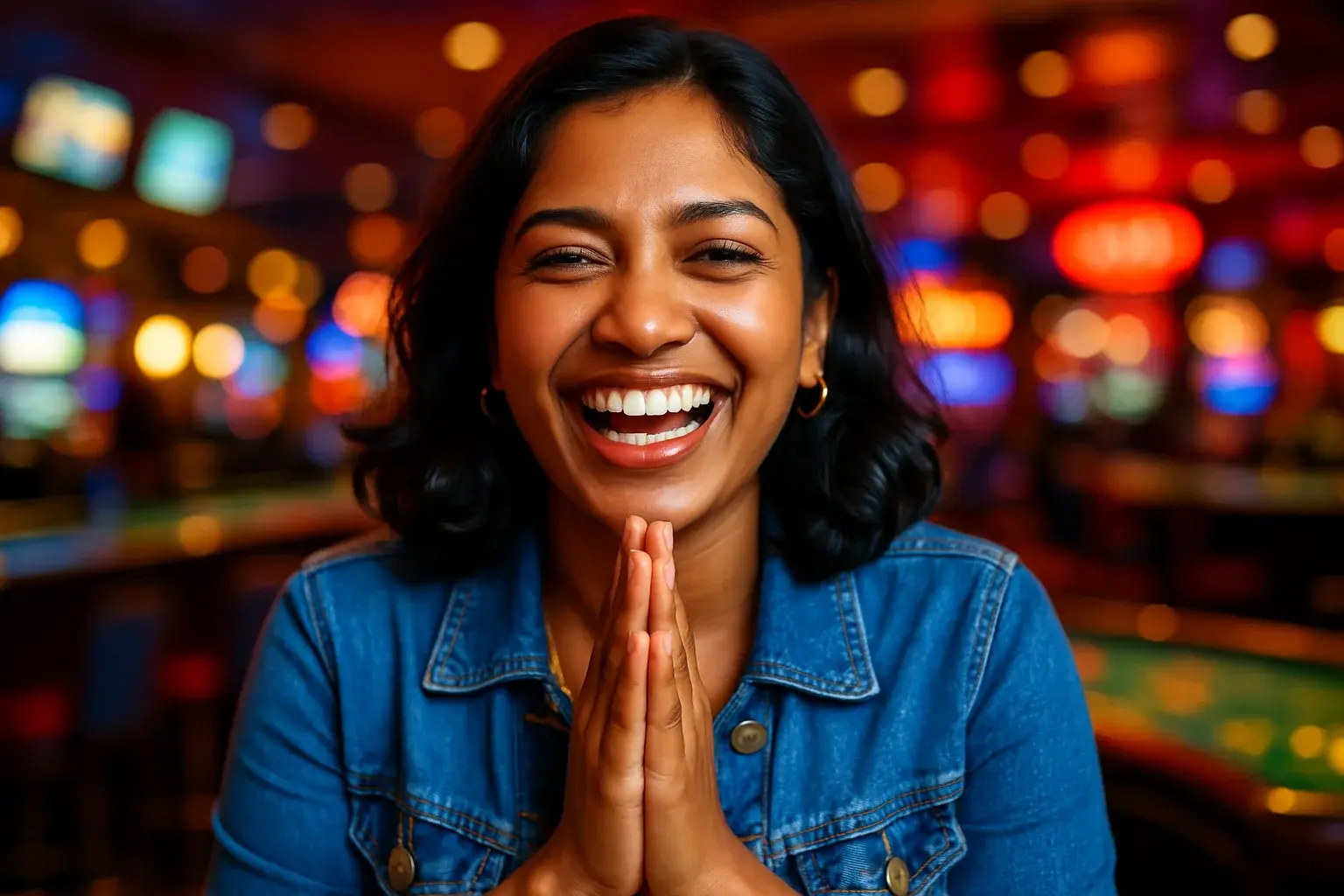 High-resolution portrait of cheerful Bangladeshi woman laughing at casino bar