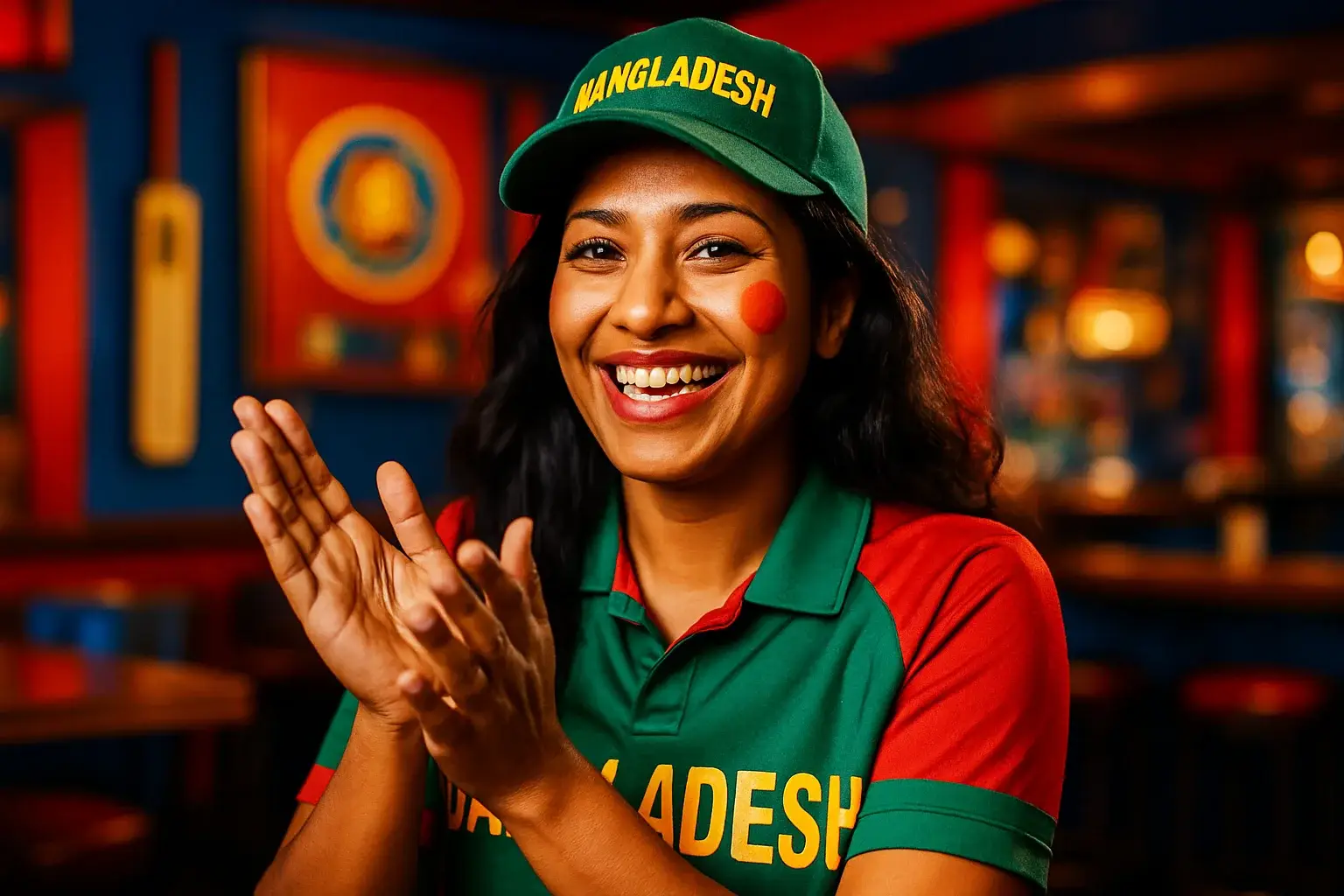 Happy Bangladeshi woman in cricket fan attire clapping in sports bar