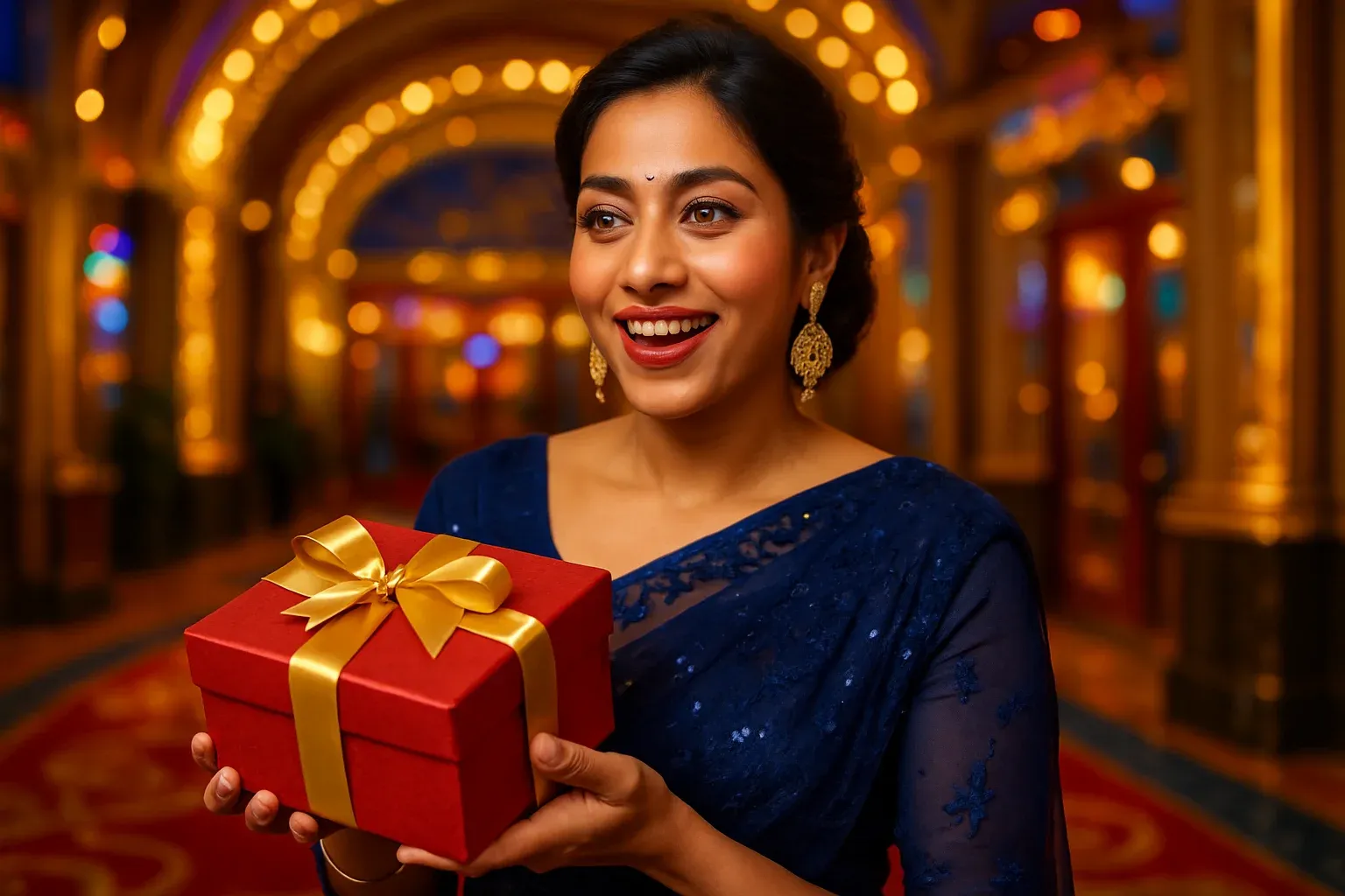 Sophisticated Bangladeshi woman in evening wear holding gift box at casino entrance