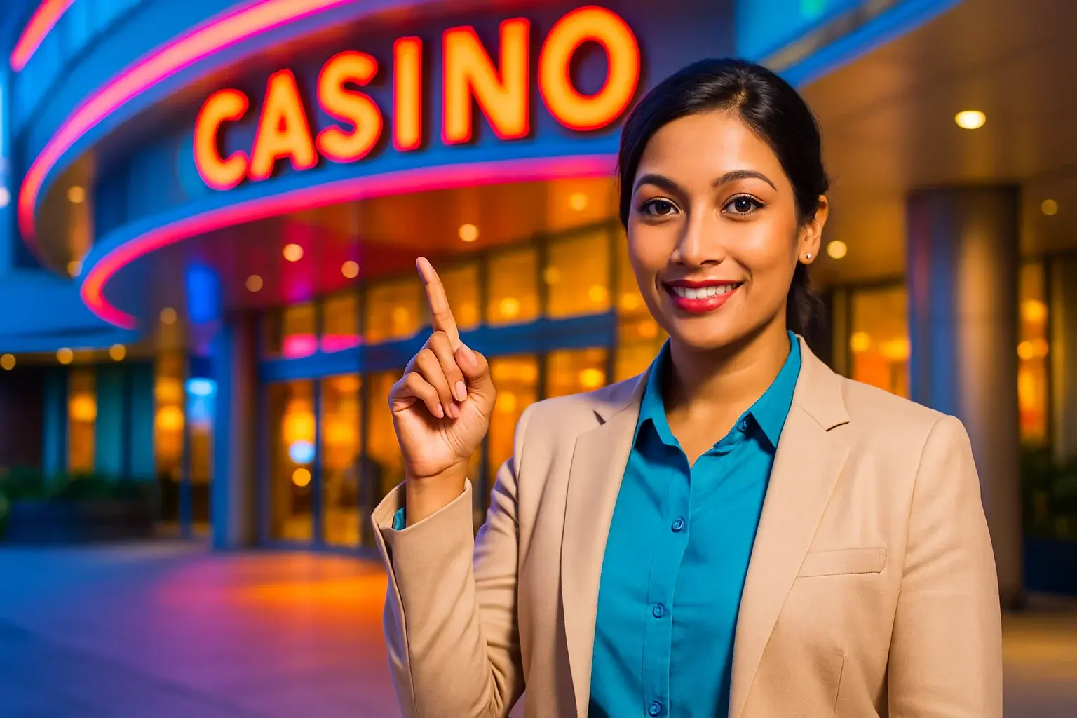 Sophisticated Bangladeshi woman pointing upward, smiling, blurred casino entrance background