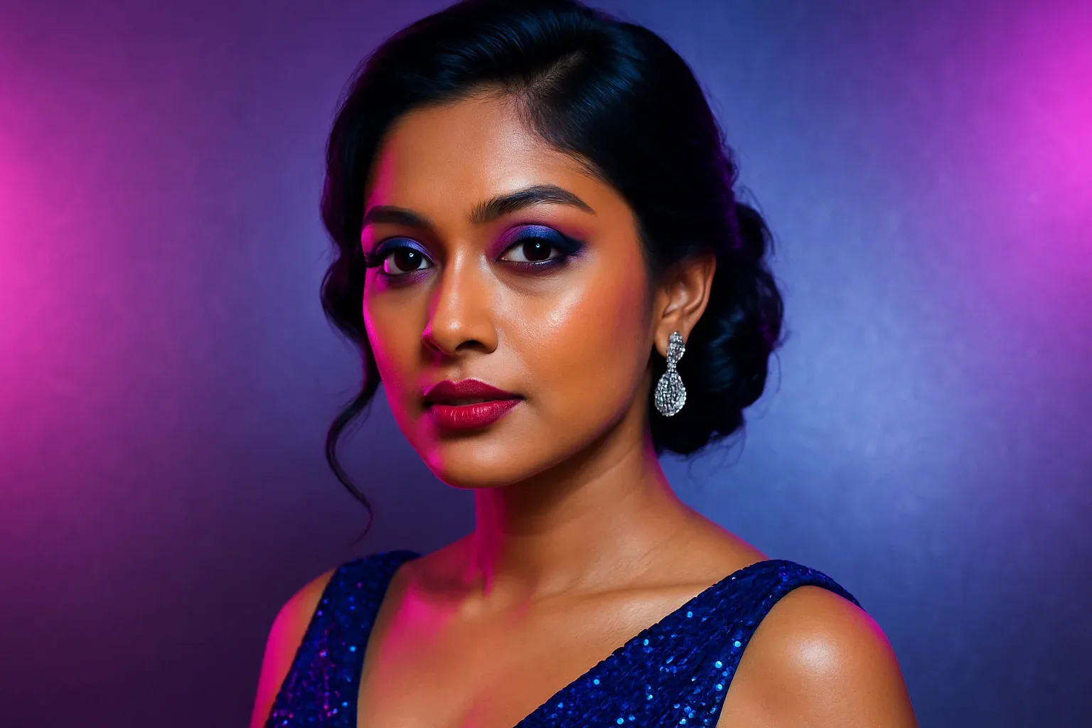 High-resolution portrait of sophisticated Bangladeshi woman in evening dress on purple and silver gradient background