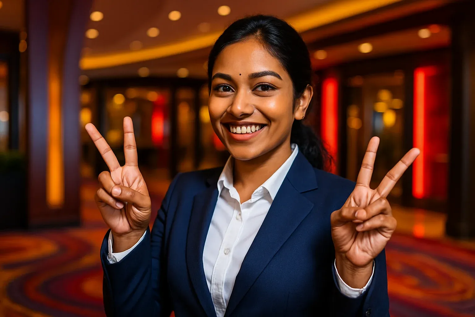 Happy Bangladeshi businesswoman making victory V-sign at blurred casino entrance