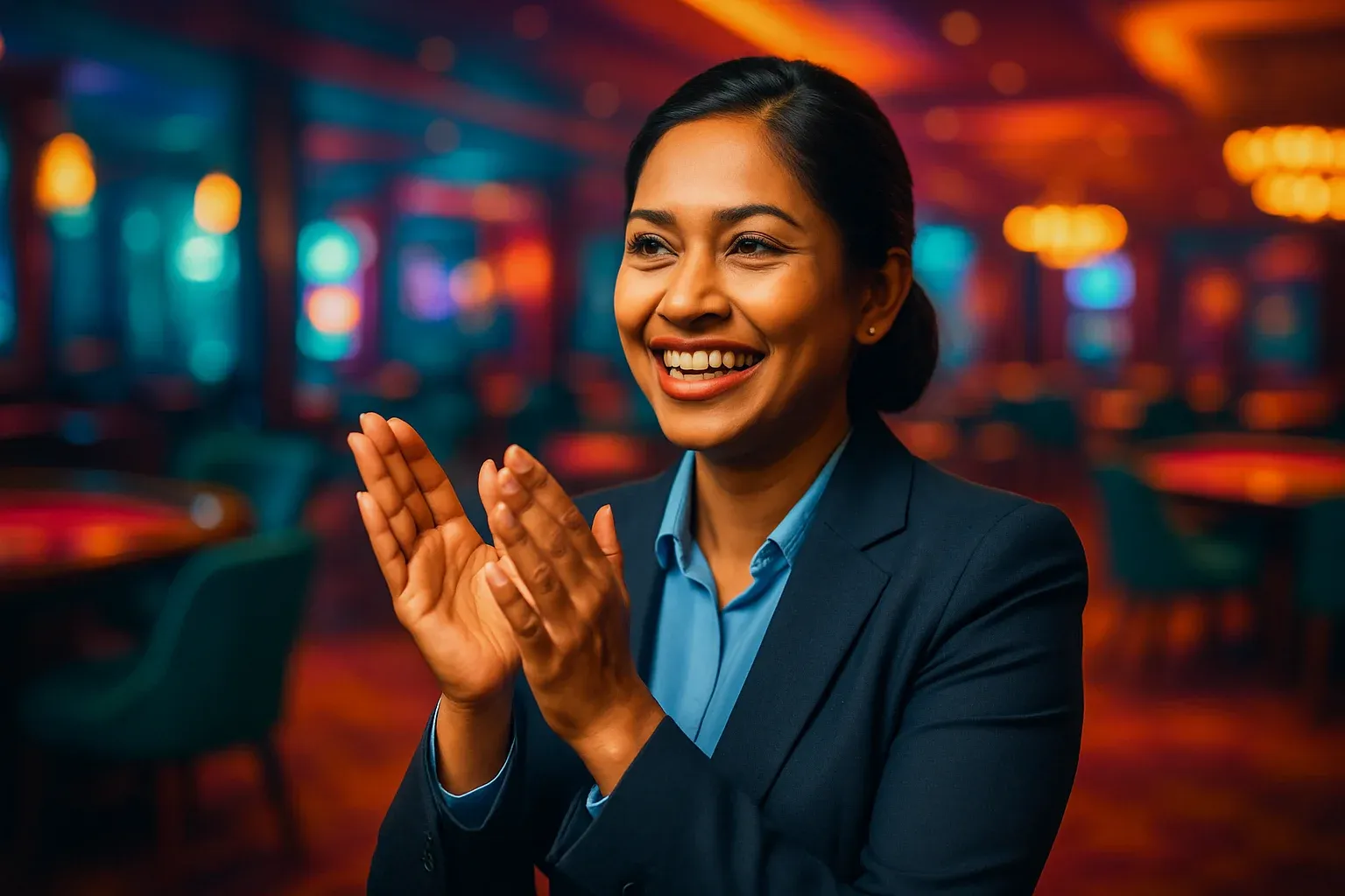 Sophisticated Bangladeshi woman in business attire clapping in casino lounge